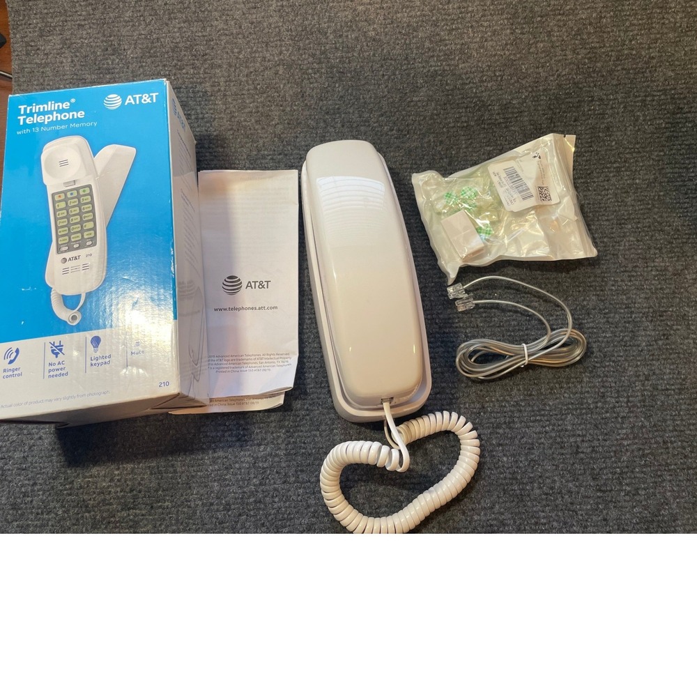 AT&T Trimline 210 Corded Phone White Lighted Keypad Wall Mountable 13 Memory